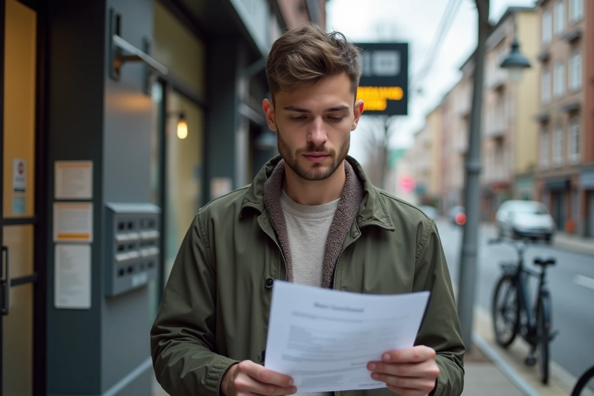 Homme examinant un contrat de location en extérieur