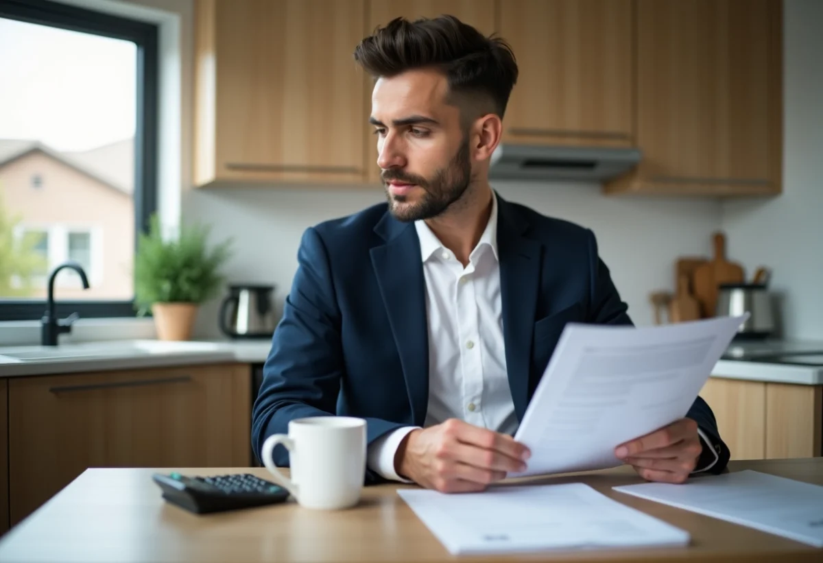 Homme en costume bleu examine documents de prêt immobilier