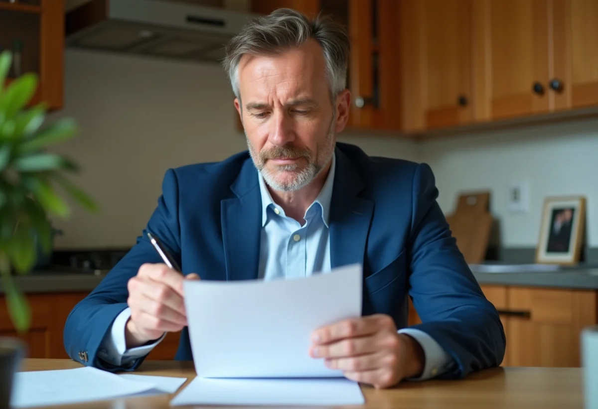 Homme d'affaires en costume bleu examine un contrat de prêt immobilier