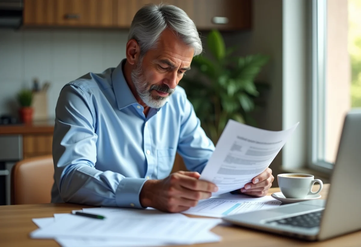 Homme d'âge moyen examinant des papiers dans un appartement lumineux
