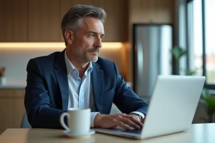 Homme en costume dans une cuisine moderne avec ordinateur