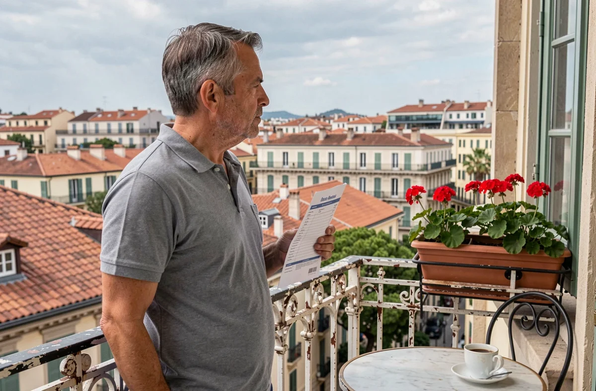 Homme tenant un devis d'assurance habitation sur un balcon avec vue sur les toits de Nice