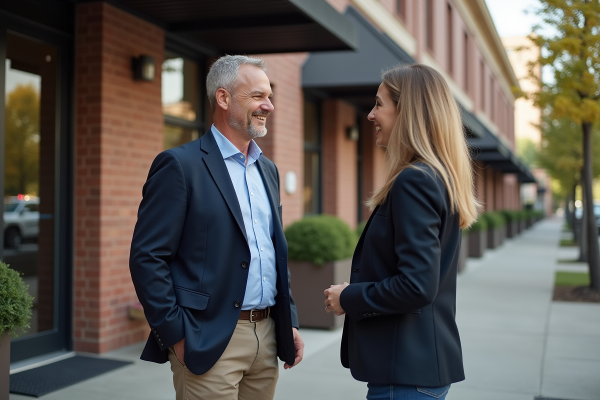 Homme discutant avec un agent immobilier devant un immeuble