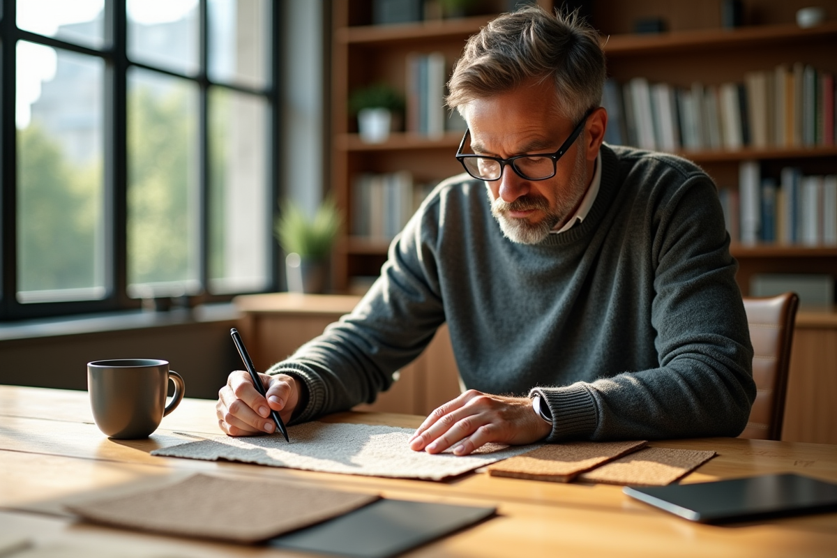 Homme étudie des matériaux écologiques dans un bureau moderne