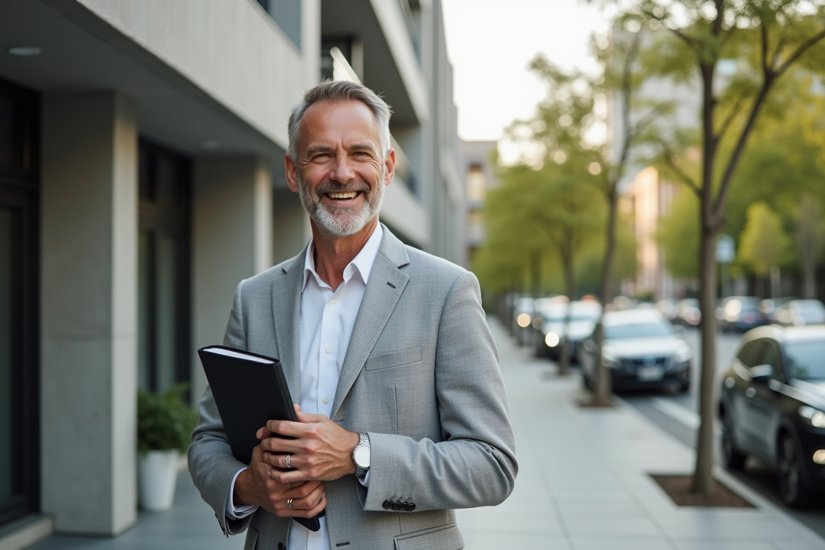 Homme souriant devant immeuble contemporain en urbanisme