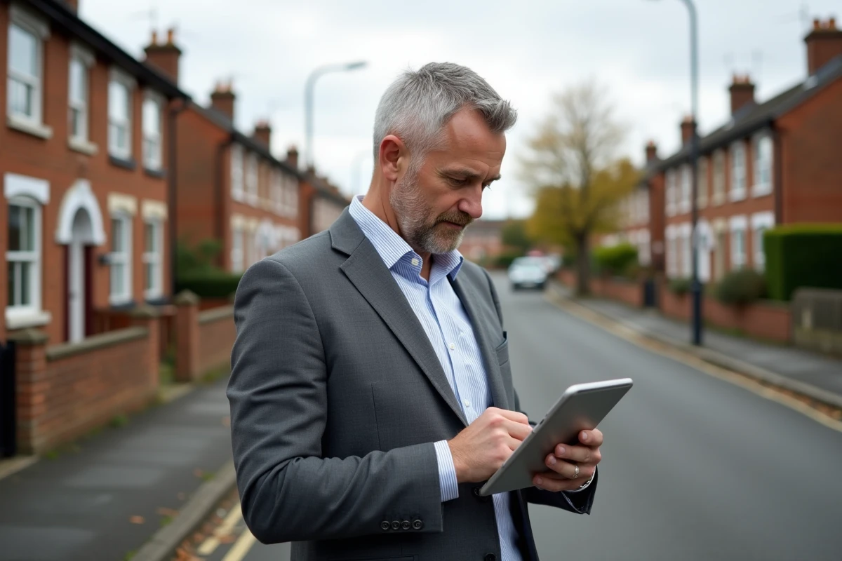 Homme d age moyen utilisant une tablette pour une estimation immobiliere