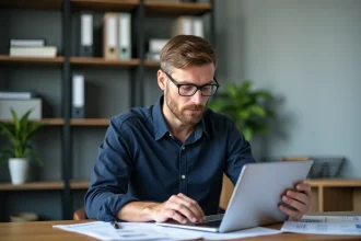 Homme d'âge moyen analysant des feuilles financières au bureau