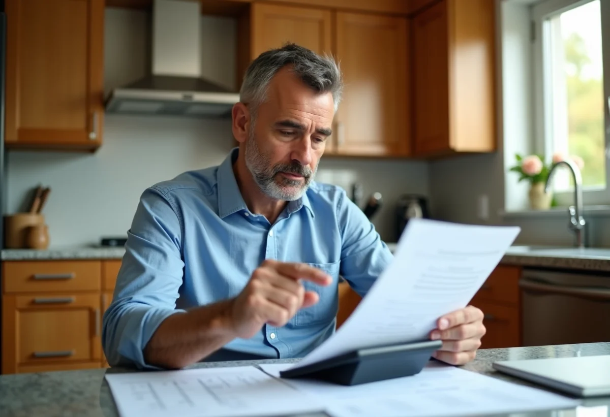 Homme d'âge moyen examinant des documents dans la cuisine