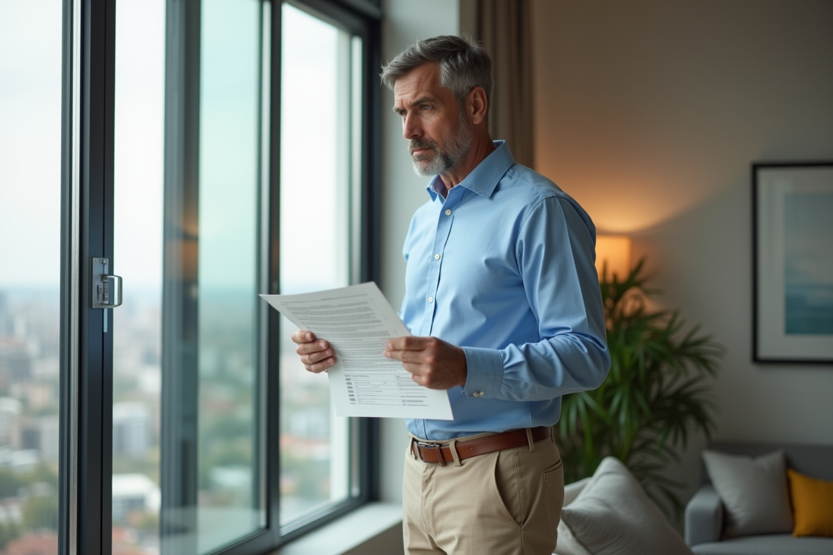 Homme d'âge moyen en chemise bleue tenant des papiers immobilier