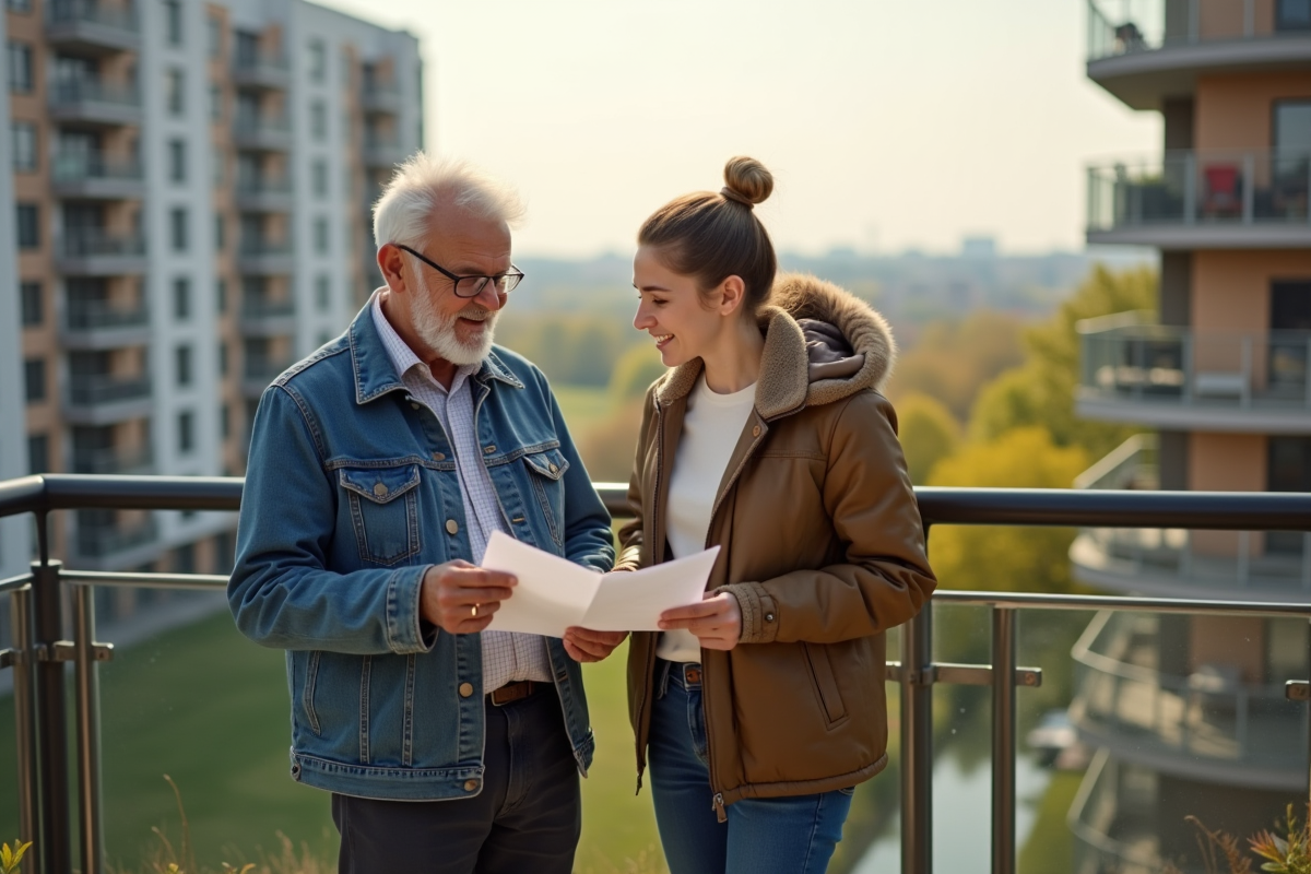 Homme et jeune adulte regardant des documents sur un balcon urbain