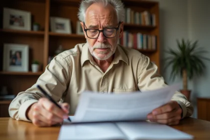 Homme âgé lisant attentivement un document juridique de donation immobilière à la table de sa cuisine