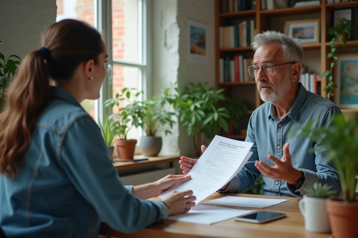 Homme en vêtements décontractés parlant à une avocate