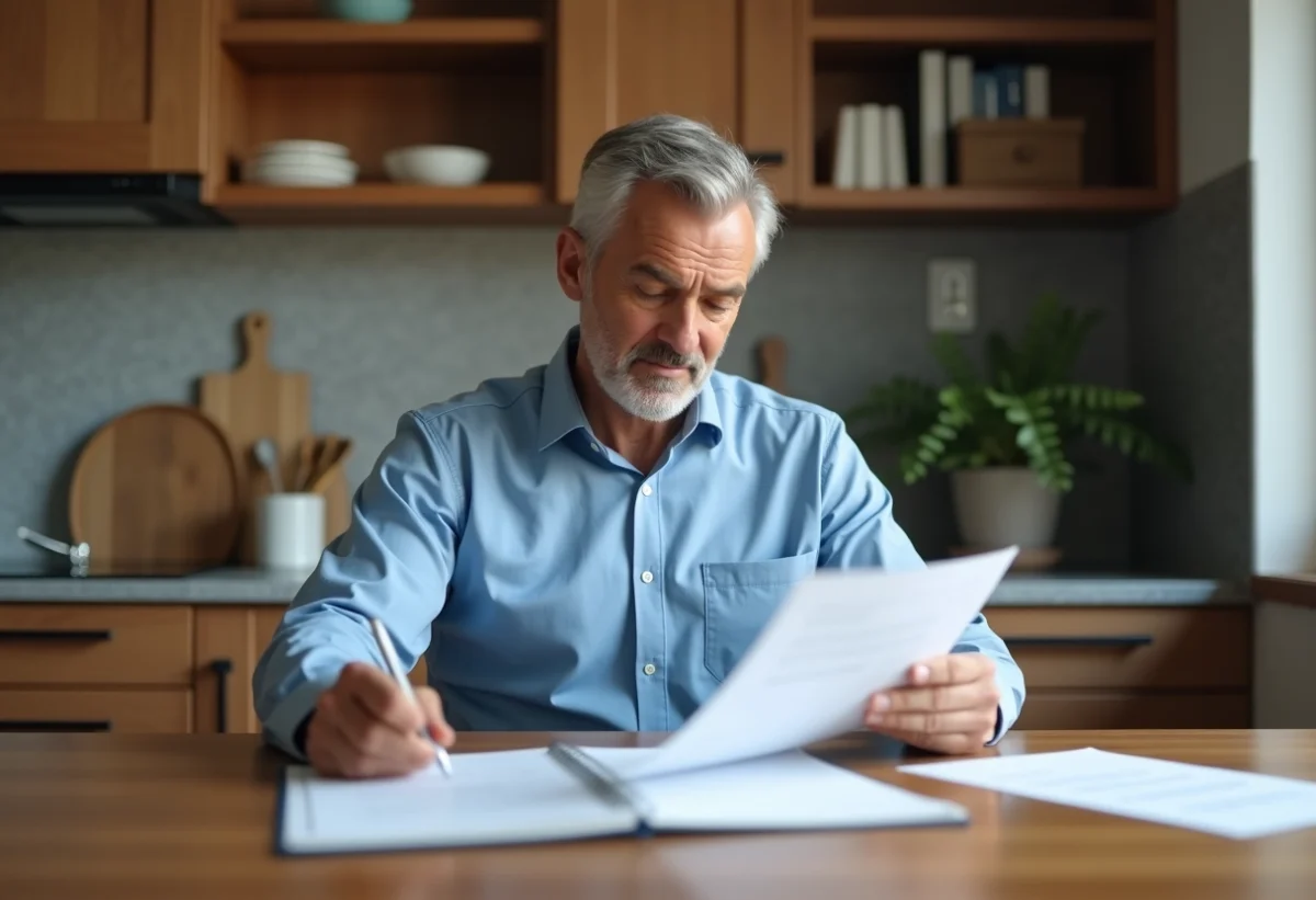 Homme d'âge moyen lisant des papiers immobiliers dans une cuisine moderne