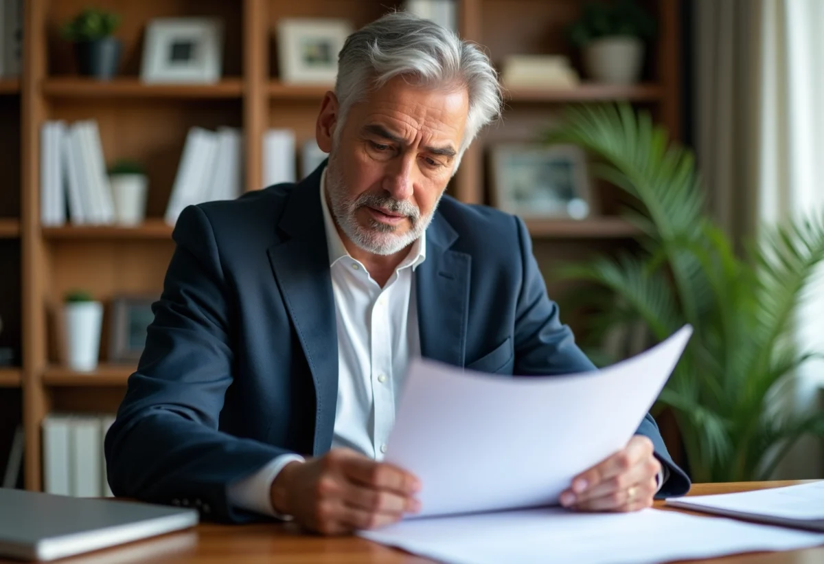 Homme d'âge moyen en blazer examine documents immobiliers