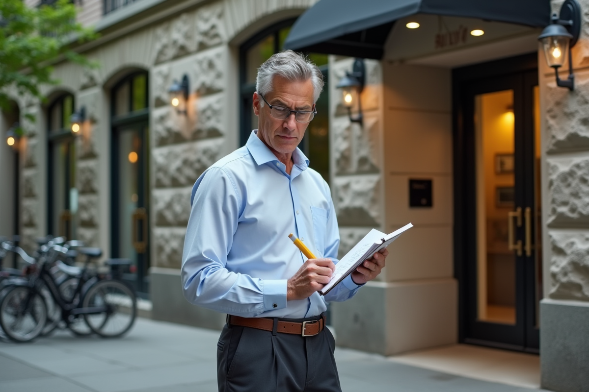 Homme d age moyen mesure un plan d appartement