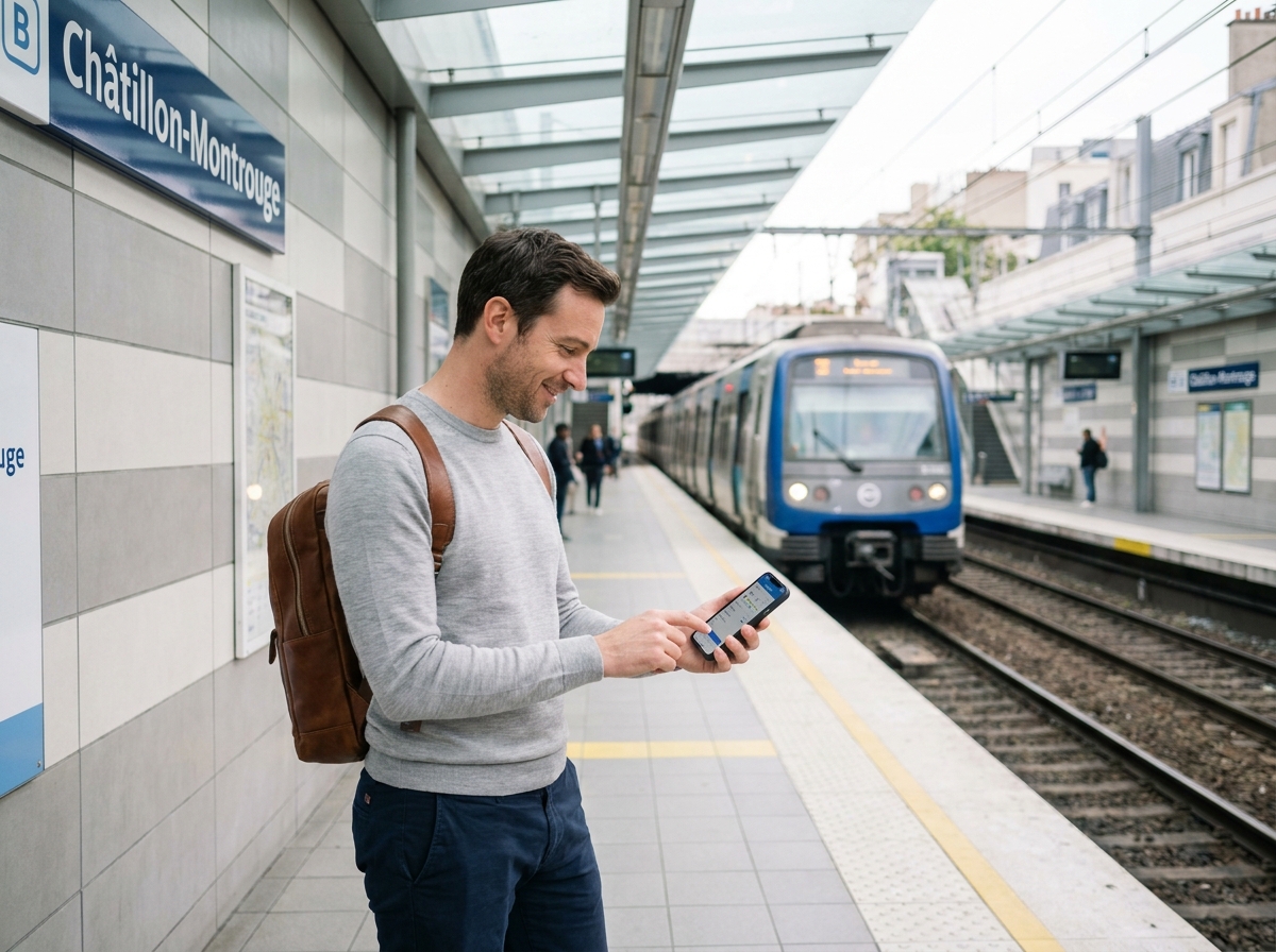 Homme attendant le métro à la station Châtillon-Montrouge, symbolisant la proximité des transports en commun pour les résidents d'un appartement neuf