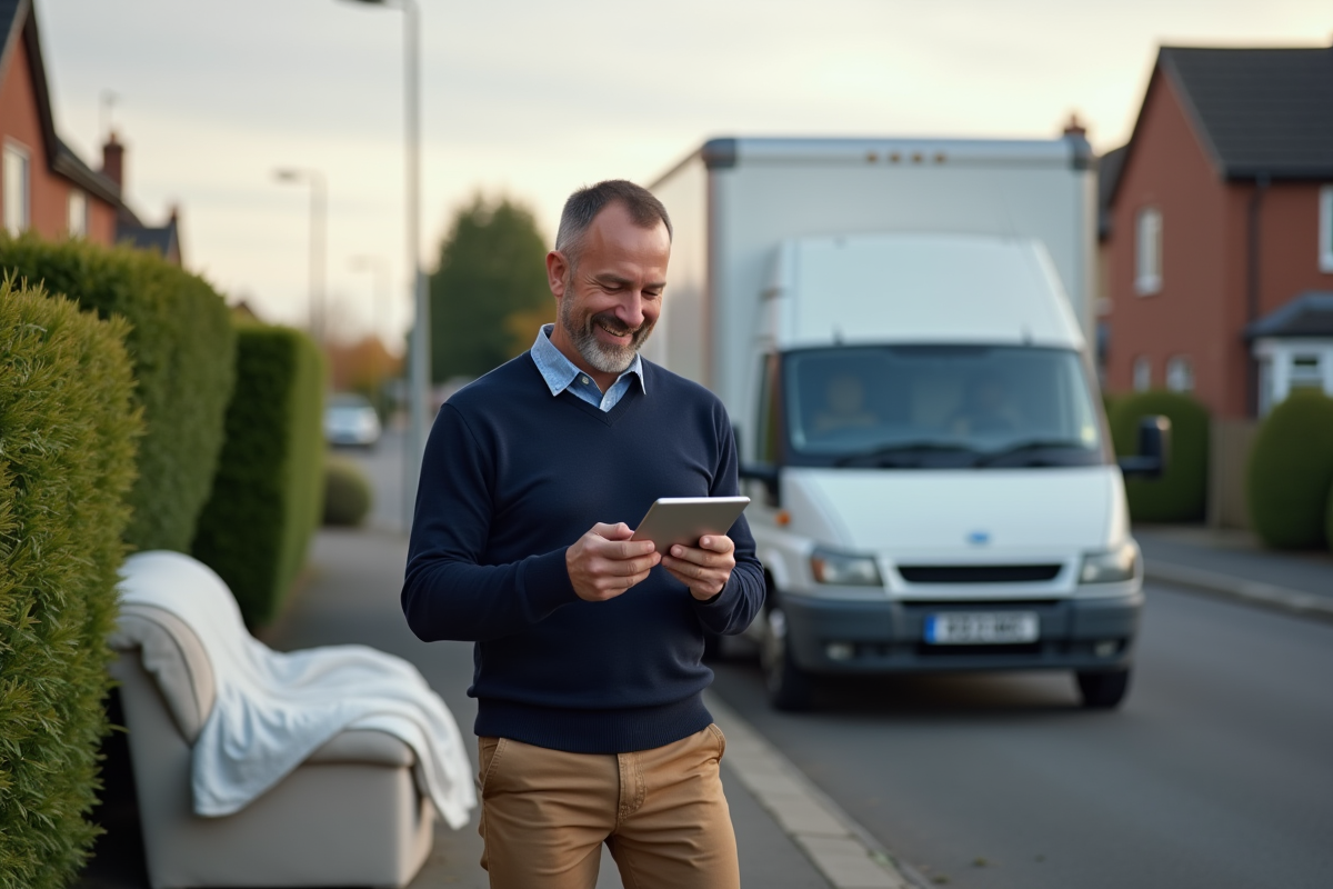 Homme vérifiant un plan de déménagement dans la rue