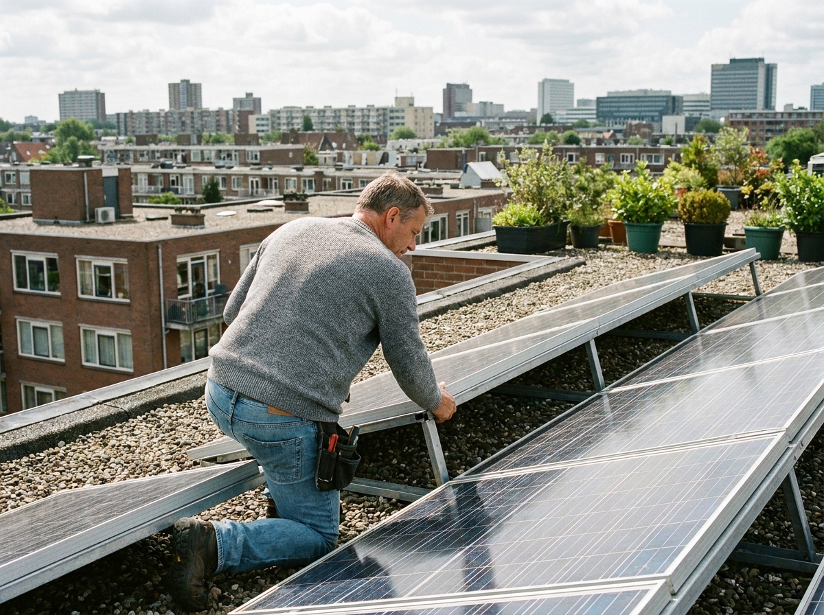 Homme regardant des panneaux solaires sur un toit urbain