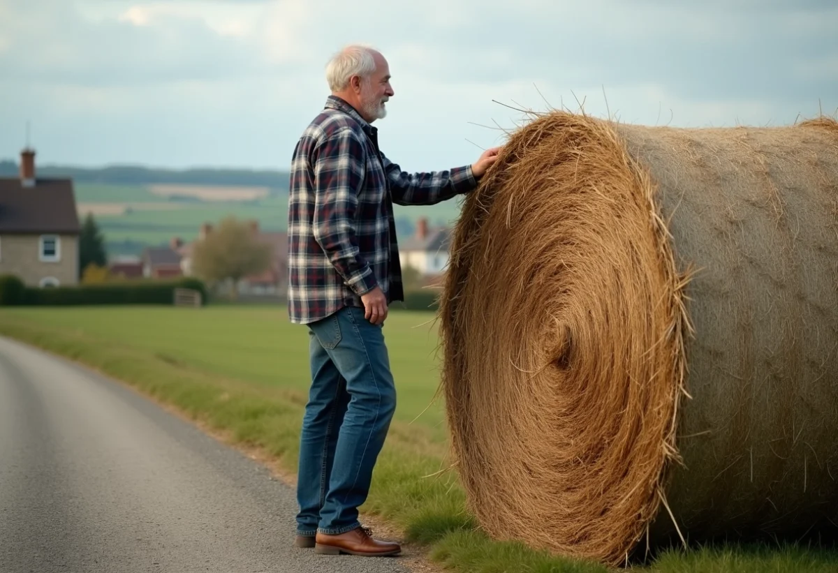 Homme d'âge moyen près d'une balle de foin dans la campagne
