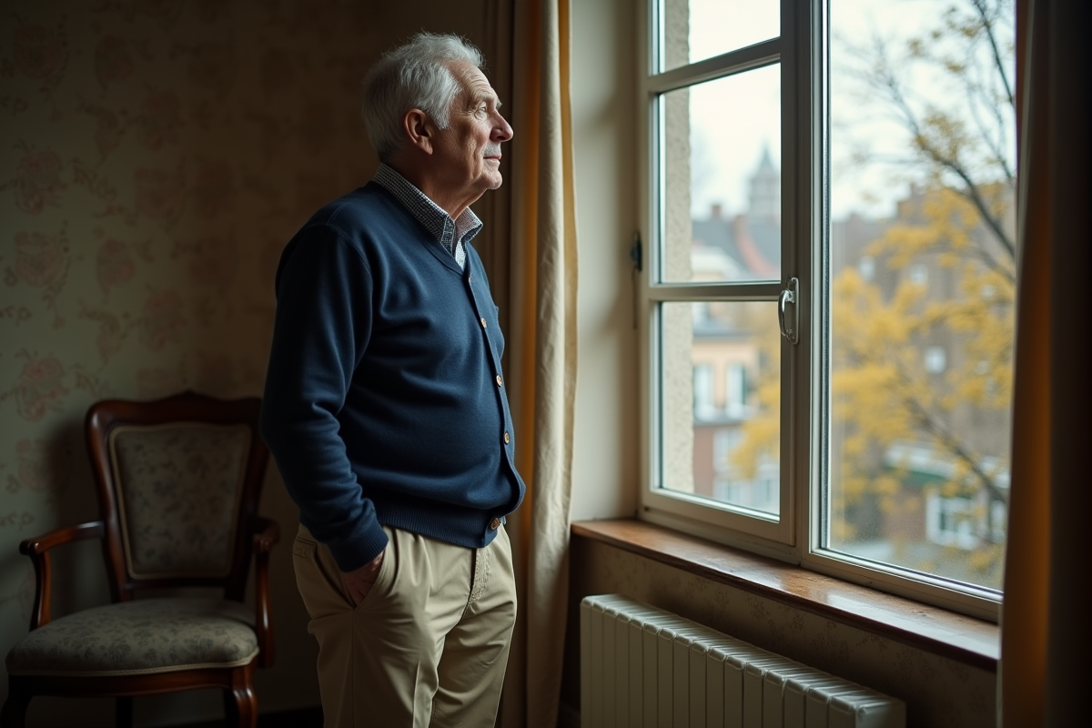 Homme âgé regardant par la fenêtre dans un salon modeste