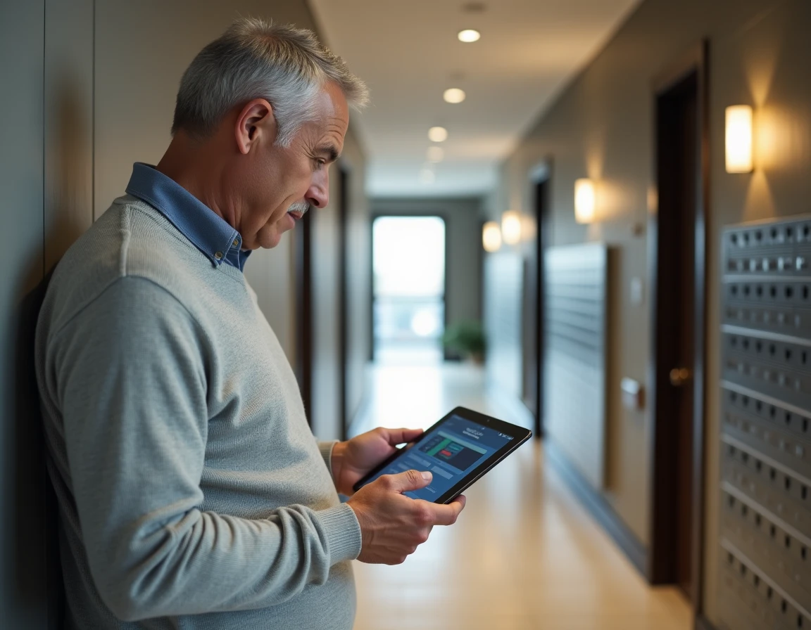 Homme consultant un registre de copropriété sur tablette dans un couloir d'immeuble résidentiel