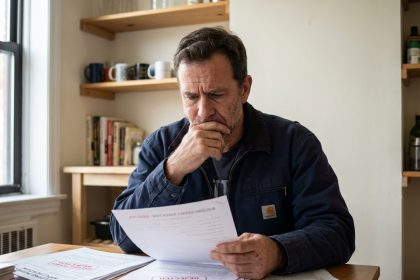 Homme pensif en intérieur urbain avec documents de permis