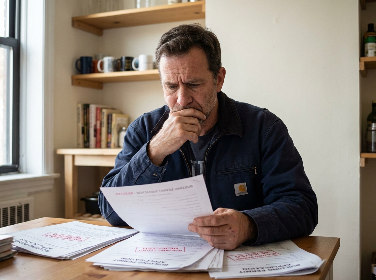 Homme pensif en intérieur urbain avec documents de permis