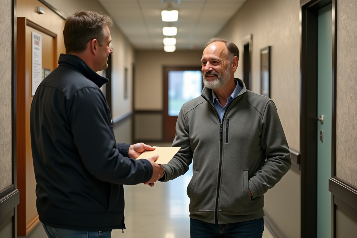 Homme donnant une enveloppe à un gestionnaire dans un hall d