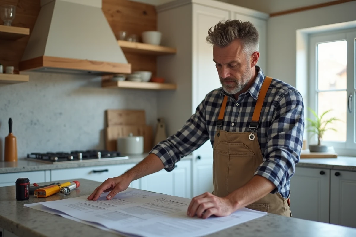 Homme en overalls examinant plans de renovation cuisine