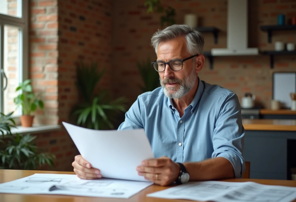 Homme d'âge moyen examinant des plans de rénovation dans une cuisine
