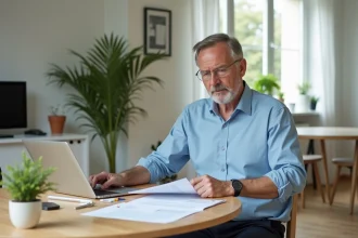 Homme d'âge moyen examine des documents de location dans une cuisine lumineuse