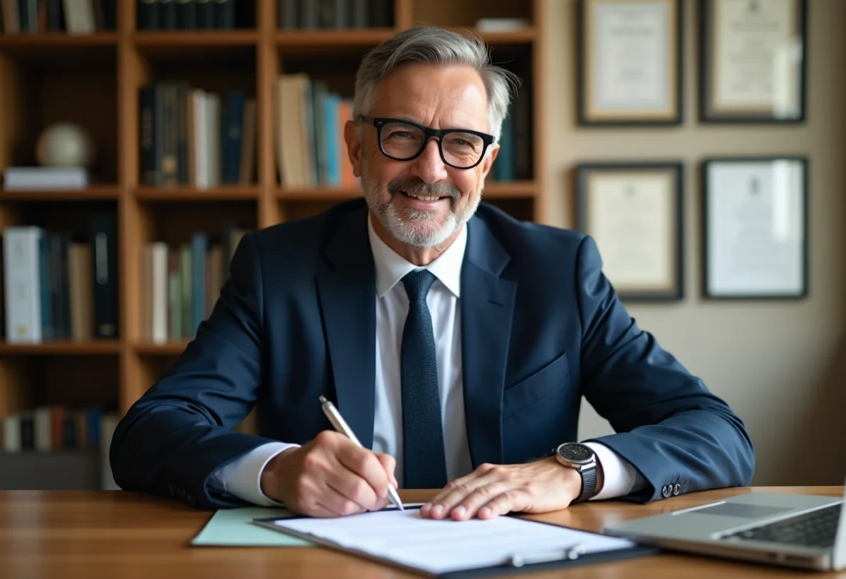 Homme d'affaires signant un document hypothécaire dans son bureau