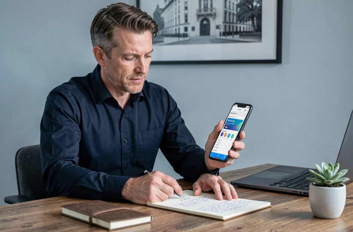 Homme utilisant son smartphone pour comparer des assurances habitation depuis son bureau à domicile