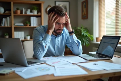 Homme stressé devant un dossier de prêt immobilier refusé avec des documents bancaires éparpillés sur un bureau