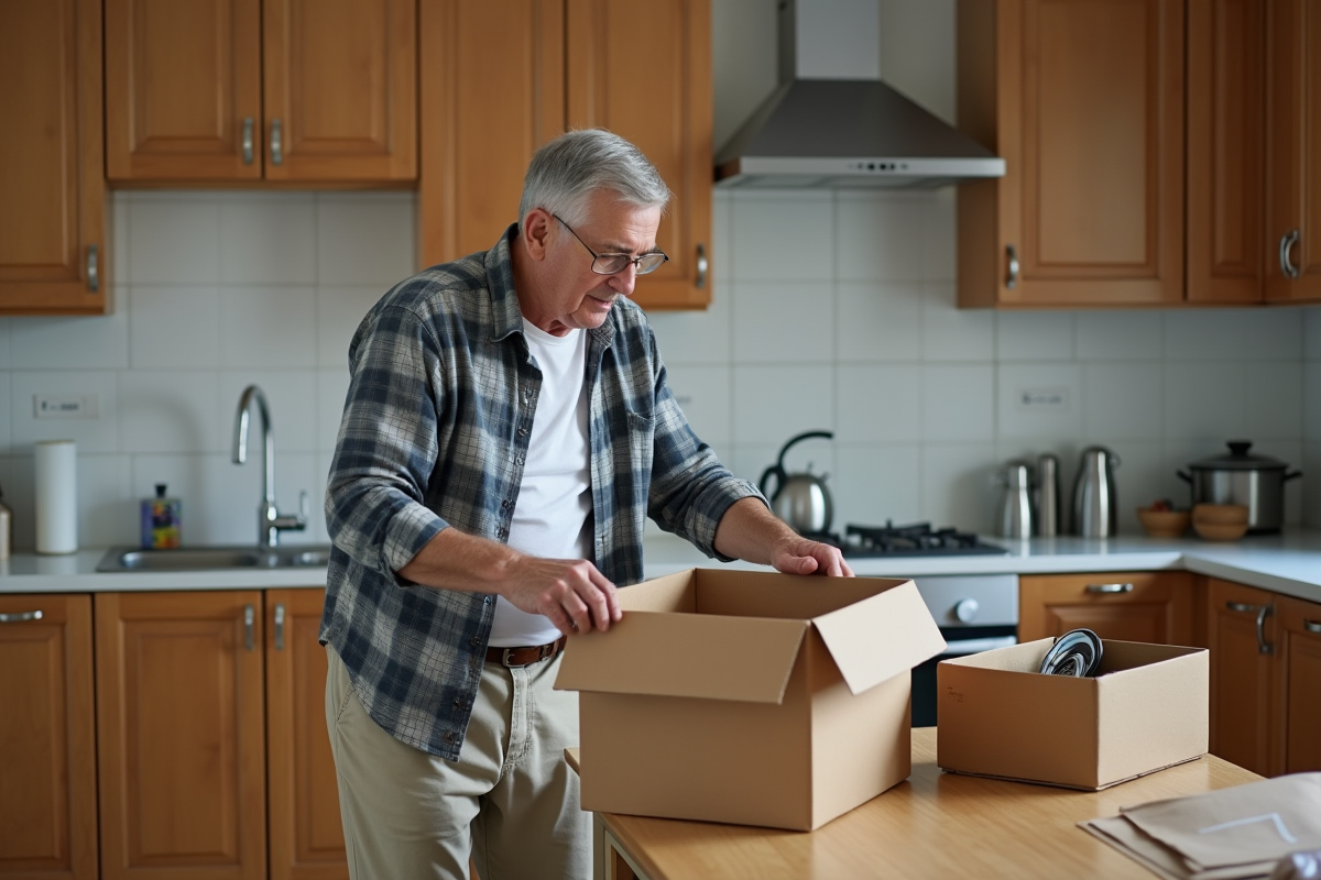 Homme âgé triant des objets dans la cuisine avant déménagement
