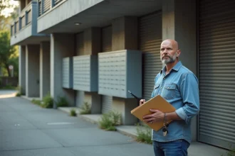 Homme d'âge moyen devant un immeuble urbain avec clés et dossier