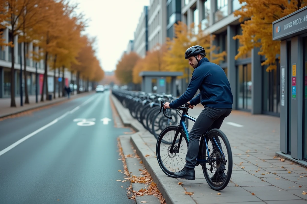 Homme garant un vélo en libre-service à une station de vélos partagés dans le quartier Lespinet de Toulouse