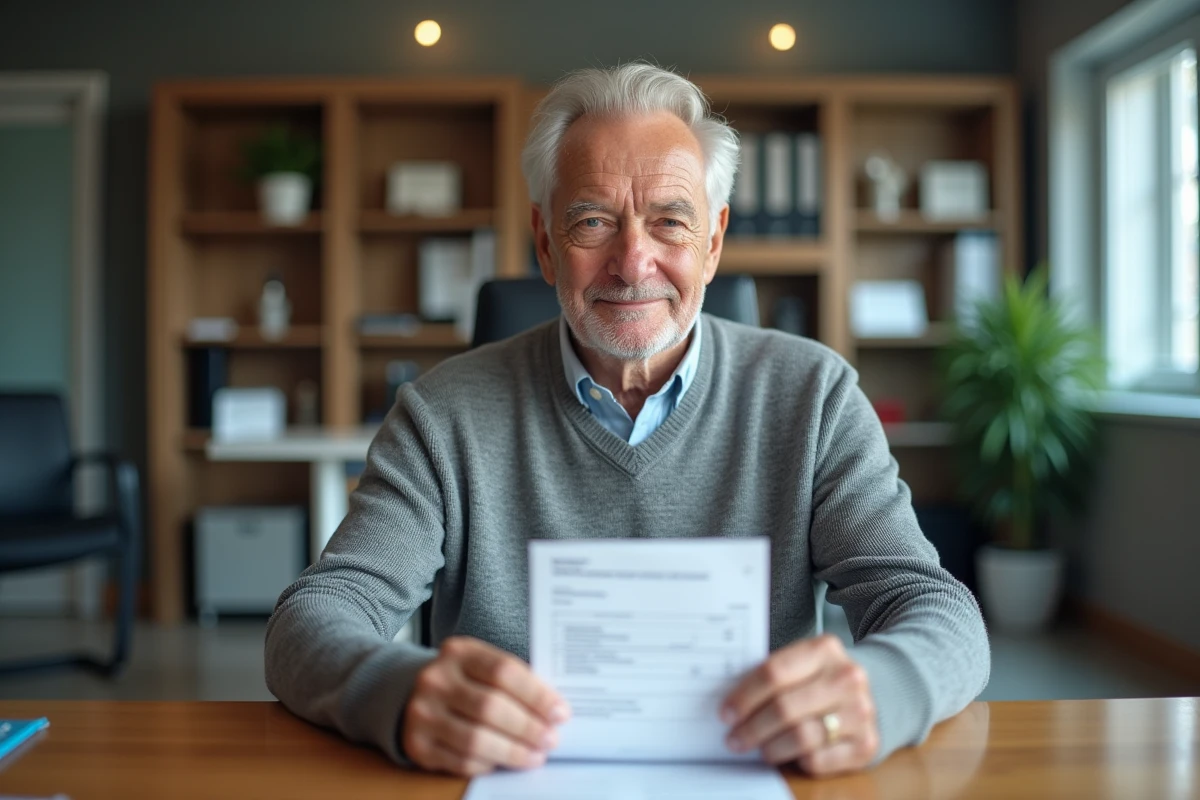 Homme âgé tenant un chèque de dépôt de garantie dans un bureau professionnel