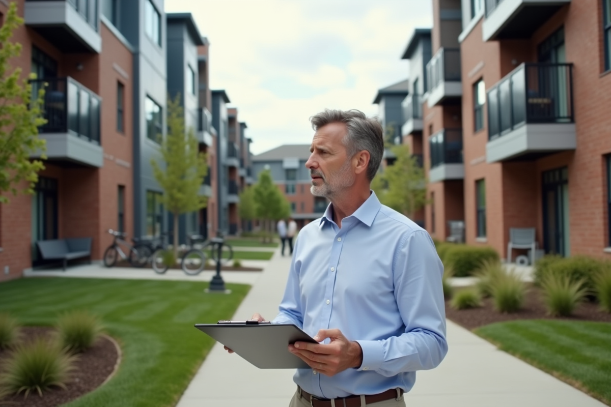 Homme en tenue casual visitant un appartement avec un clipboard