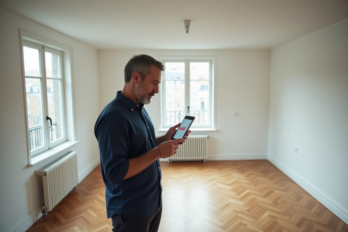Homme consultant l'historique d'une annonce immobilière sur smartphone lors d'une visite d'appartement