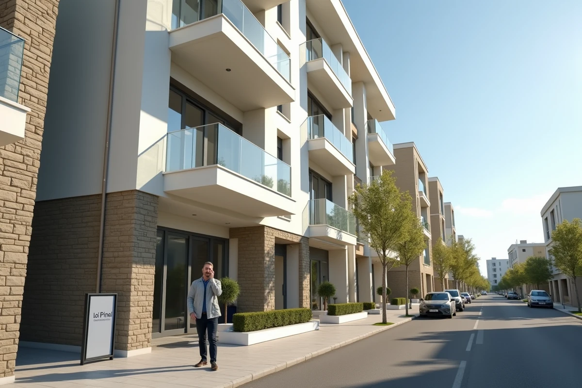 Immeuble résidentiel éligible à la loi Pinel avec un investisseur immobilier devant l'entrée