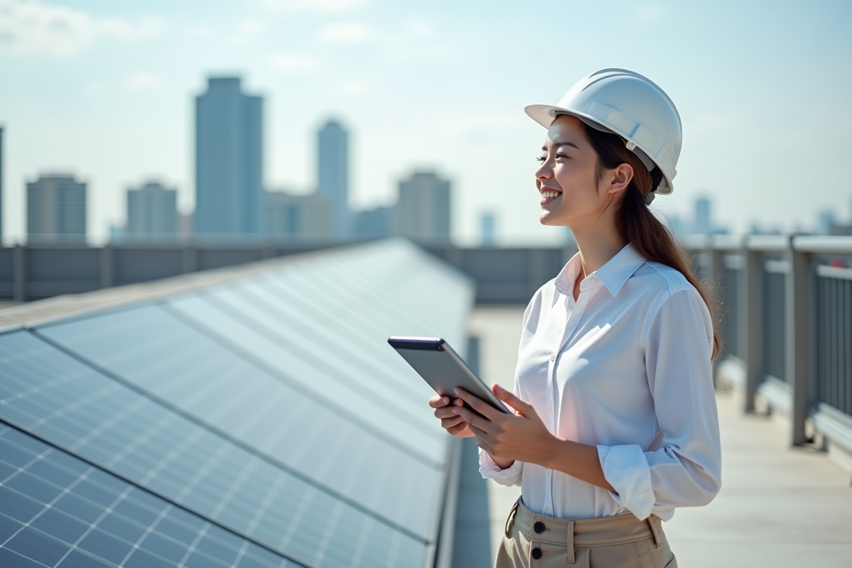 Ingénieure en bâtiment inspectant une installation solaire sur le toit