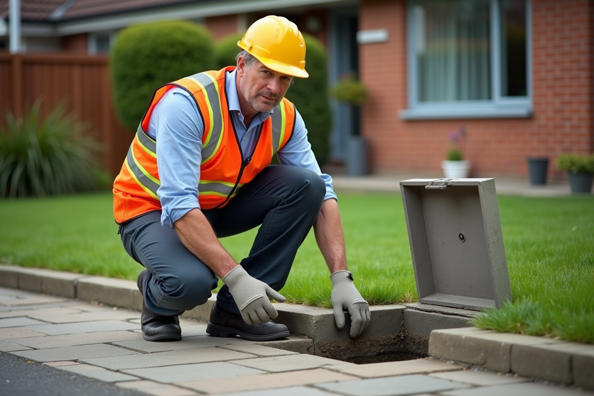 Inspecteur en extérieur près d'une trappe ouverte dans une maison de banlieue