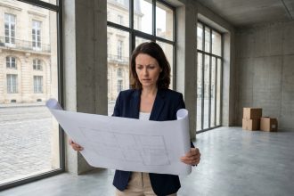 Professionnelle inspectant un bureau vide à Bordeaux avant location, tenant un plan de surface