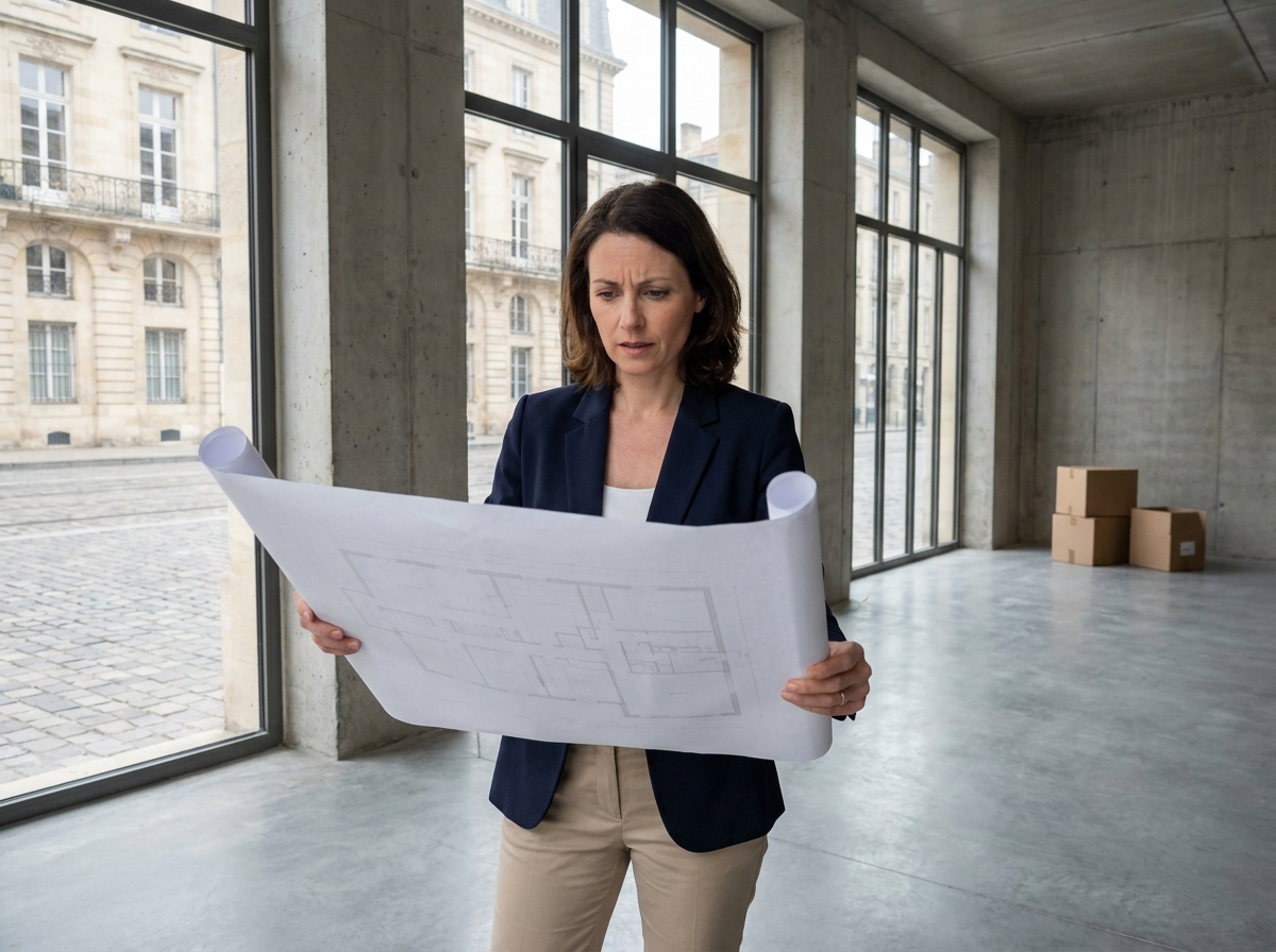 Professionnelle inspectant un bureau vide à Bordeaux avant location, tenant un plan de surface