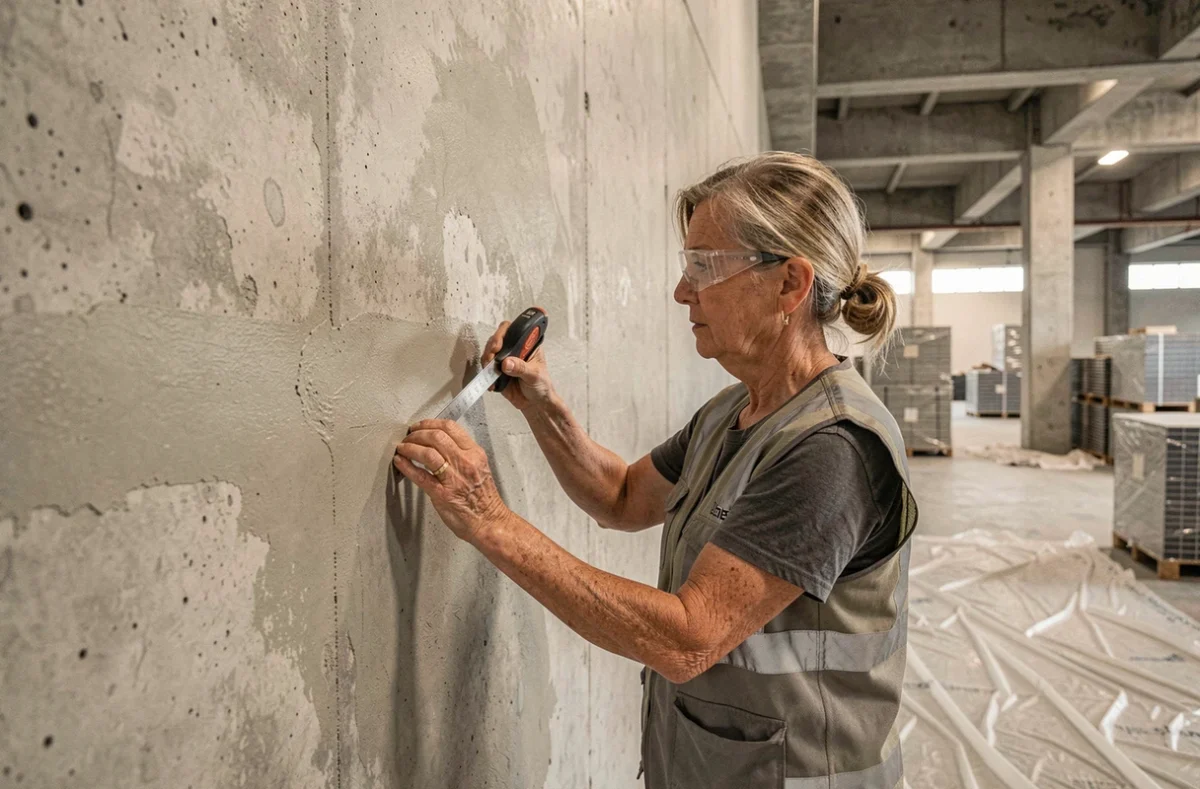 Inspectrice qualité mesurant la conformité d'un mur en béton dans un chantier de construction commerciale