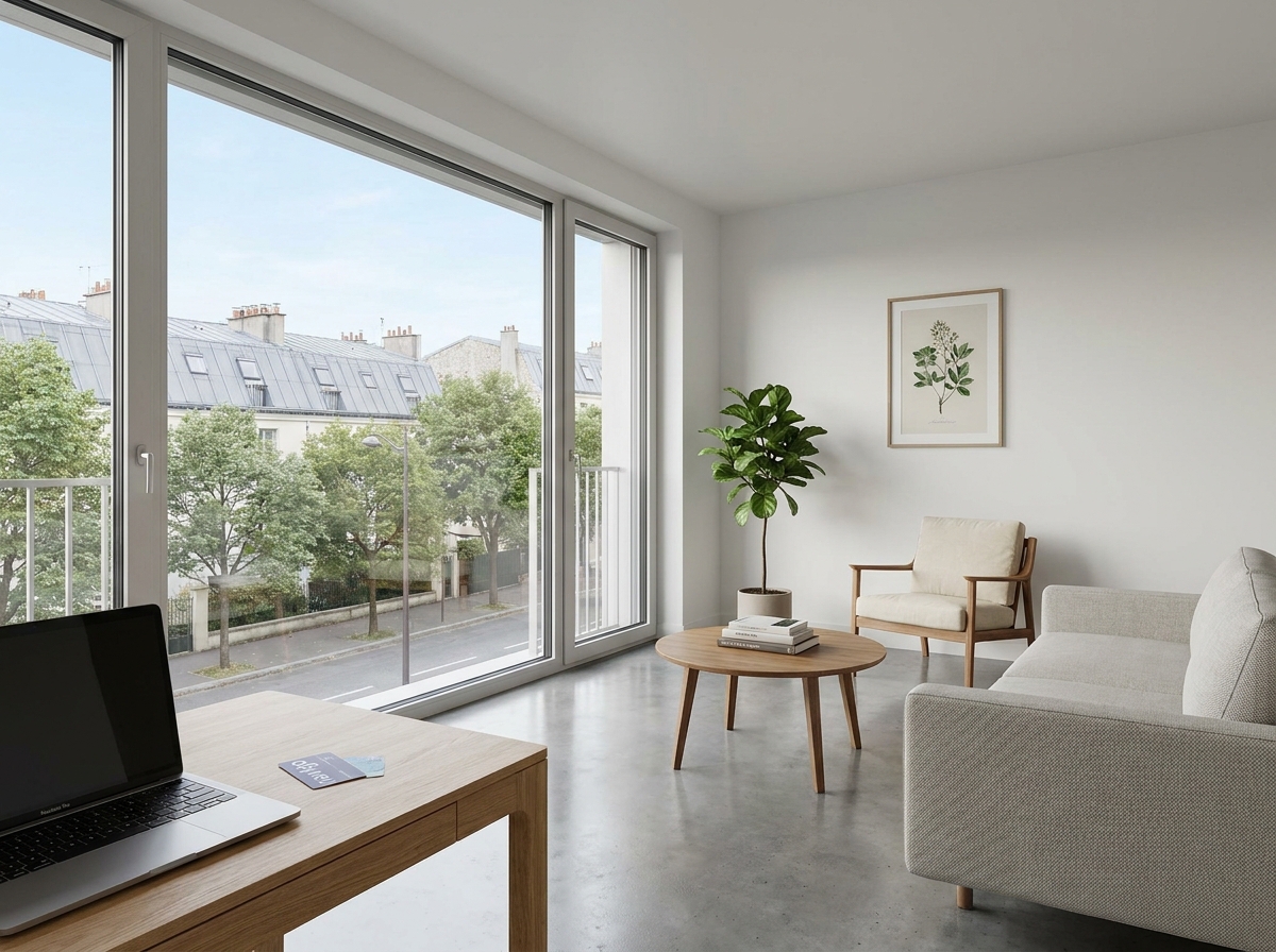 Intérieur moderne d'un appartement neuf à Châtillon avec vue sur la rue, illustrant un cadre de vie idéal pour les actifs parisiens souhaitant optimiser leurs trajets domicile-travail