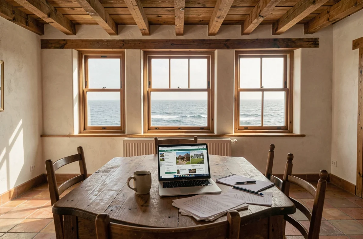 Intérieur d'une maison normande rénovée en bord de mer avec vue sur la mer, poutres apparentes et table de travail pour recherche immobilière