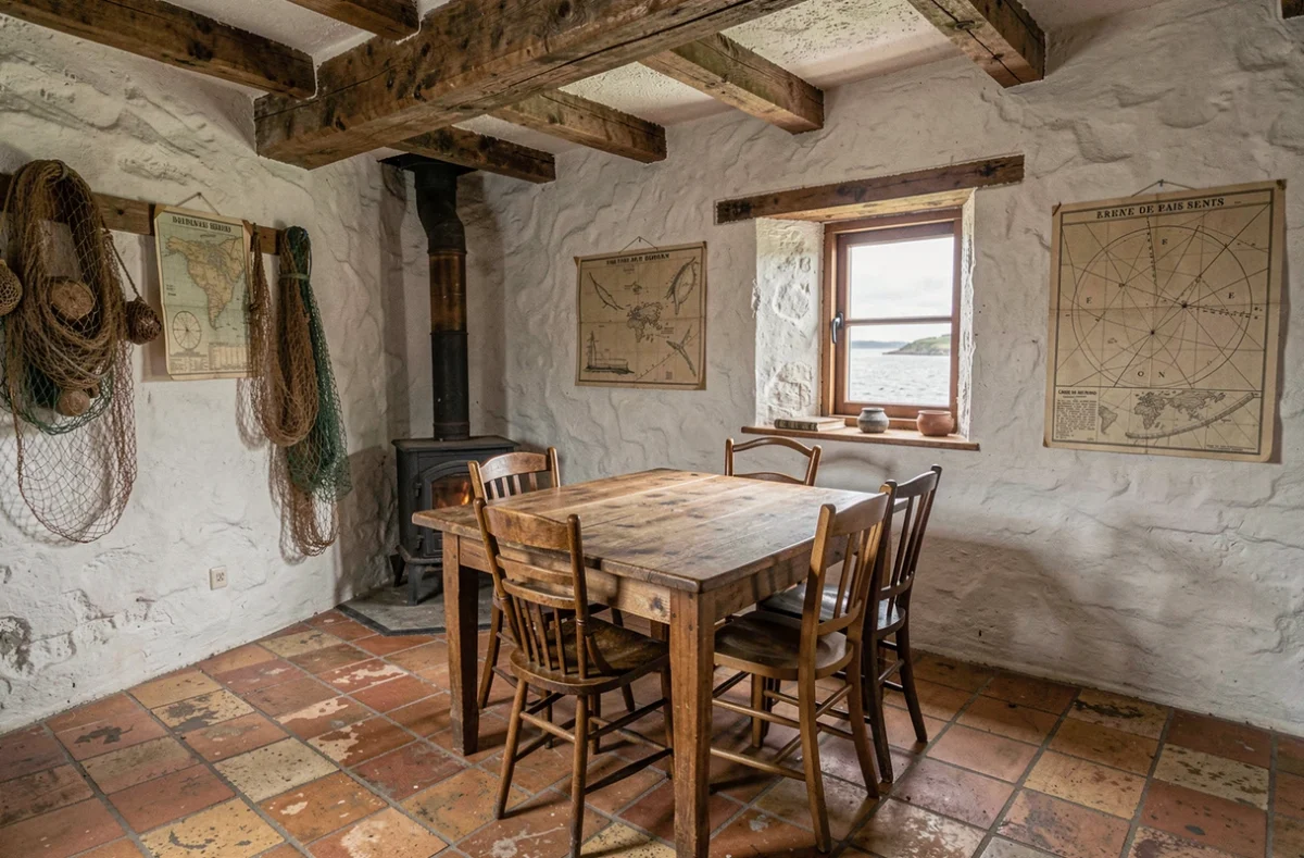 Intérieur authentique d'une maison de pêcheur bretonne avec poutres apparentes, carrelage terracotta et poêle en fonte