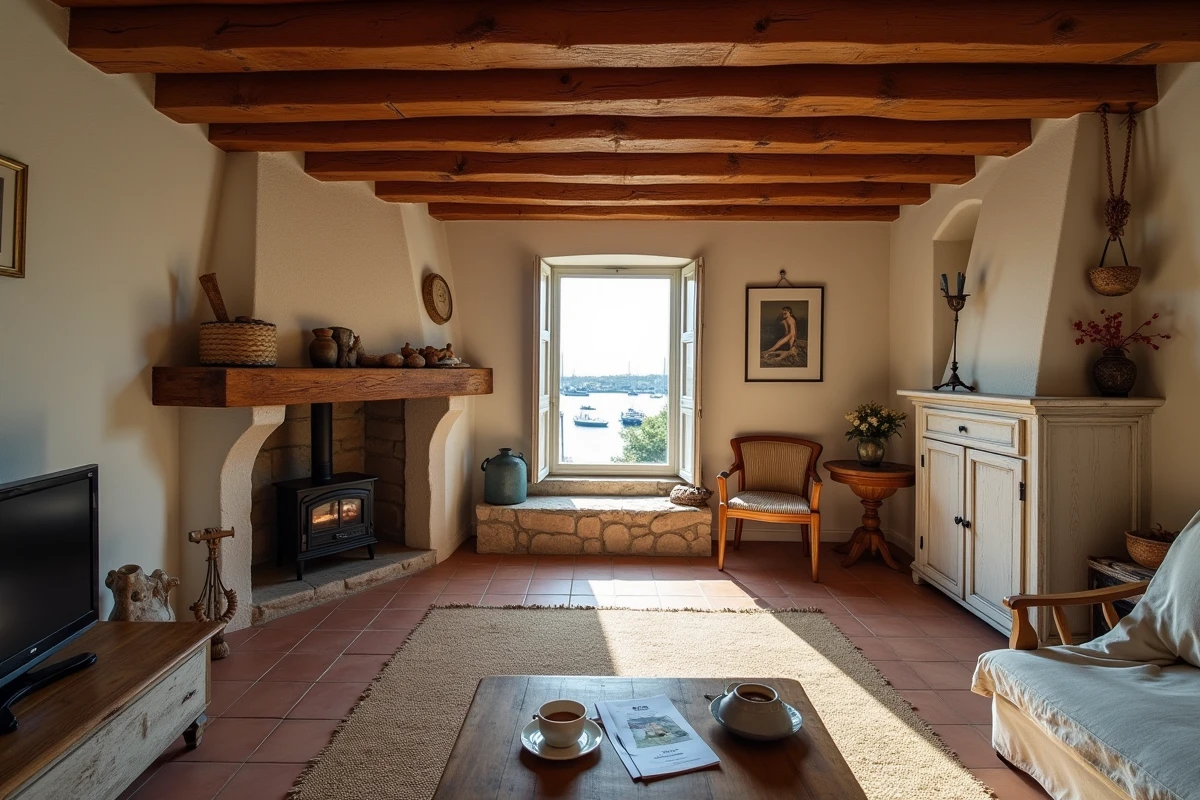 Intérieur authentique d'une maison de pêcheur rénovée avec poutres apparentes et carrelage ancien